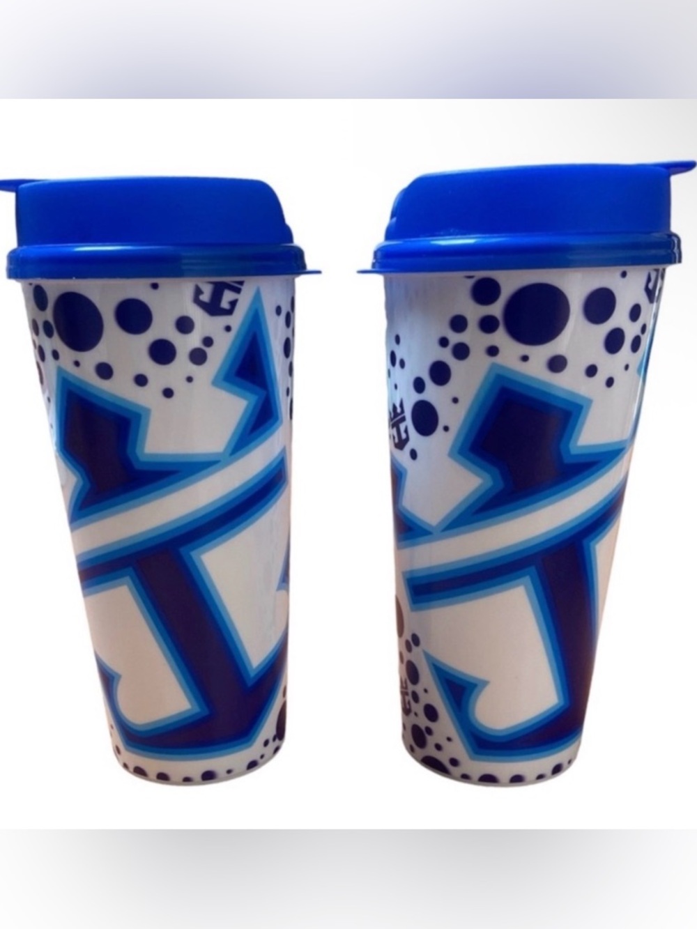 Royal Caribbean SET Cruise Plastic Drink Cups Straw Ready Lids Logo Blue White